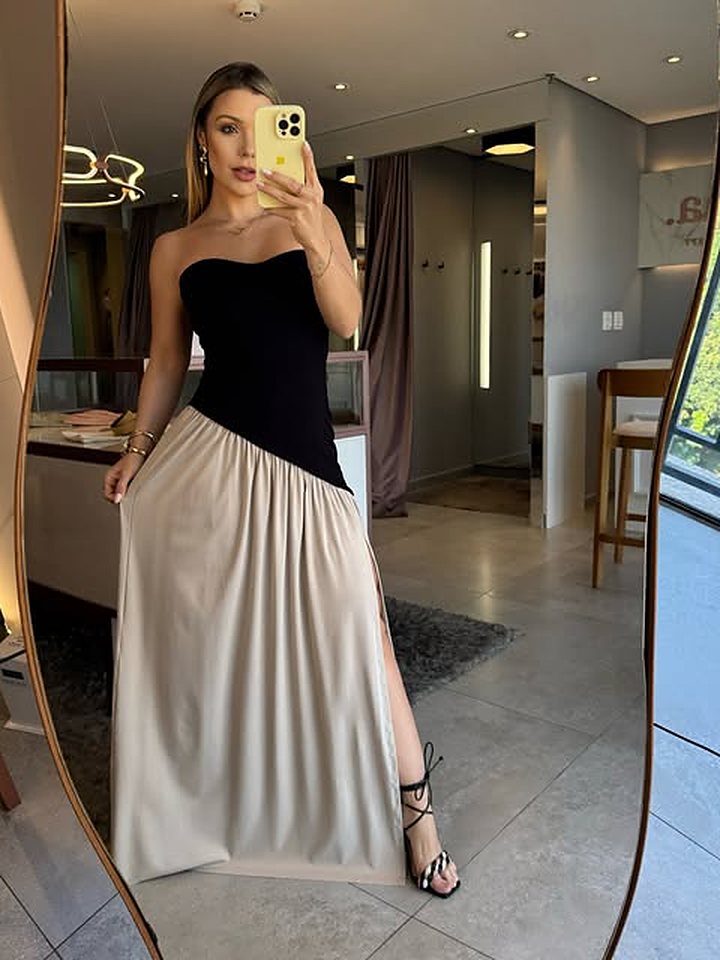 Vestido Lunar preto e nude com fenda